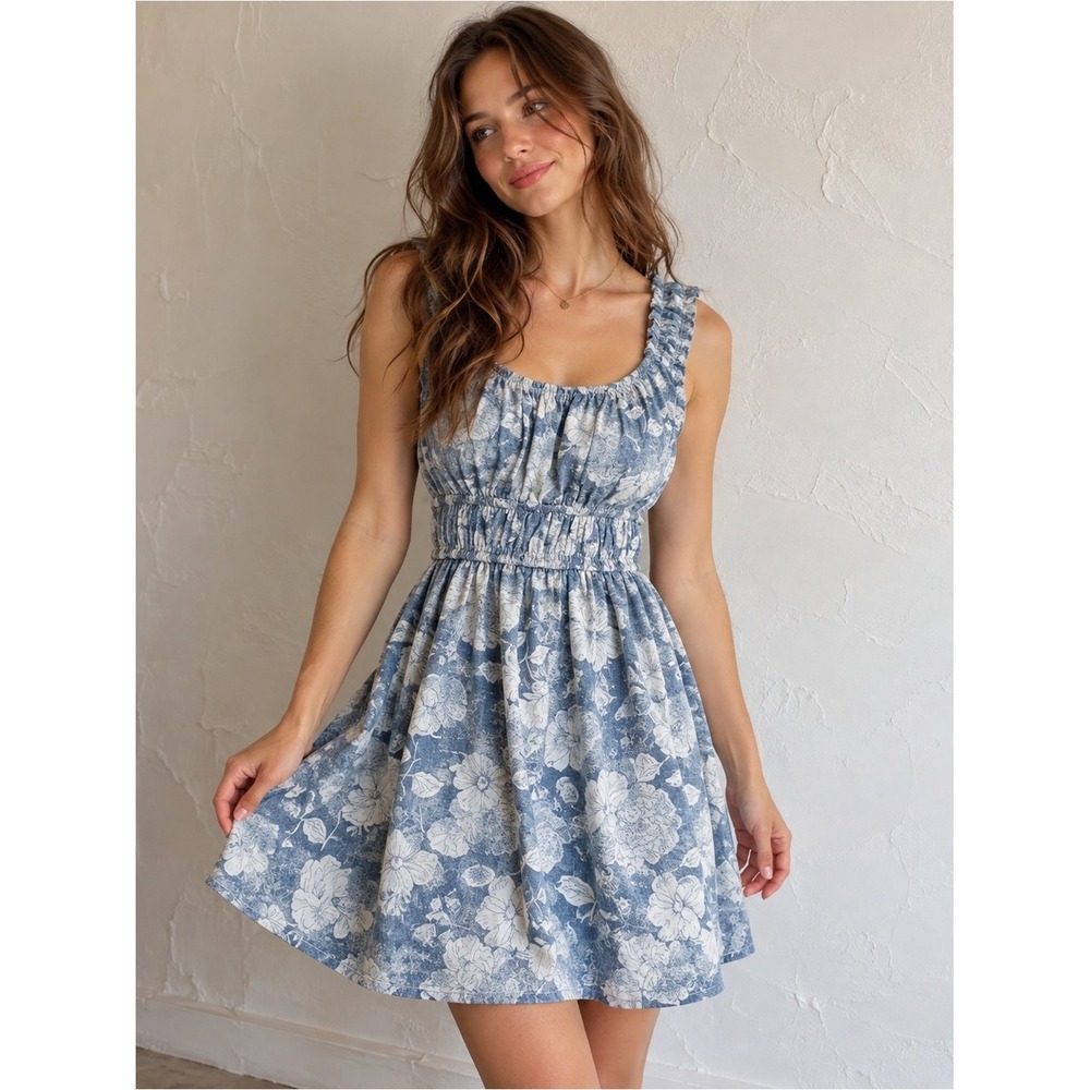 American Eagle Cotton Easy Cinch Waist Floral Mini Dress XS Blue Cottagecore